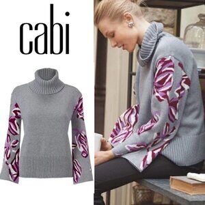 CAbi Eden Pullover Turtleneck Jumper Sweater M Gray Floral Flare Wide Sleeves